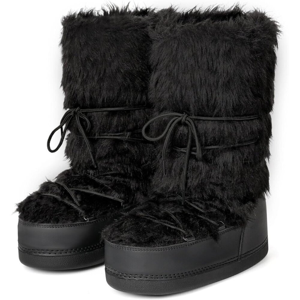 Women's Faux Fur Snow Boots Mid Calf Winter Rubber Sole Slip-On Fuzzy Shoes